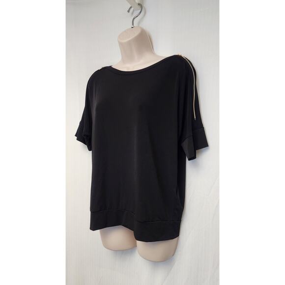 Chico’s Round Neck Knit Black Top Gold Zipper Short Sleeve Top Blouse Sz 1 (M-8) - Picture 3 of 9